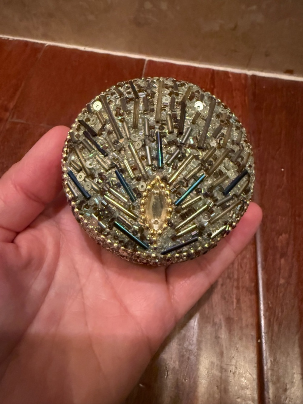 Sparkly Bead/Sequin/Jewel-Encrusted Metal Round Trinket Box Felt Interior 3”